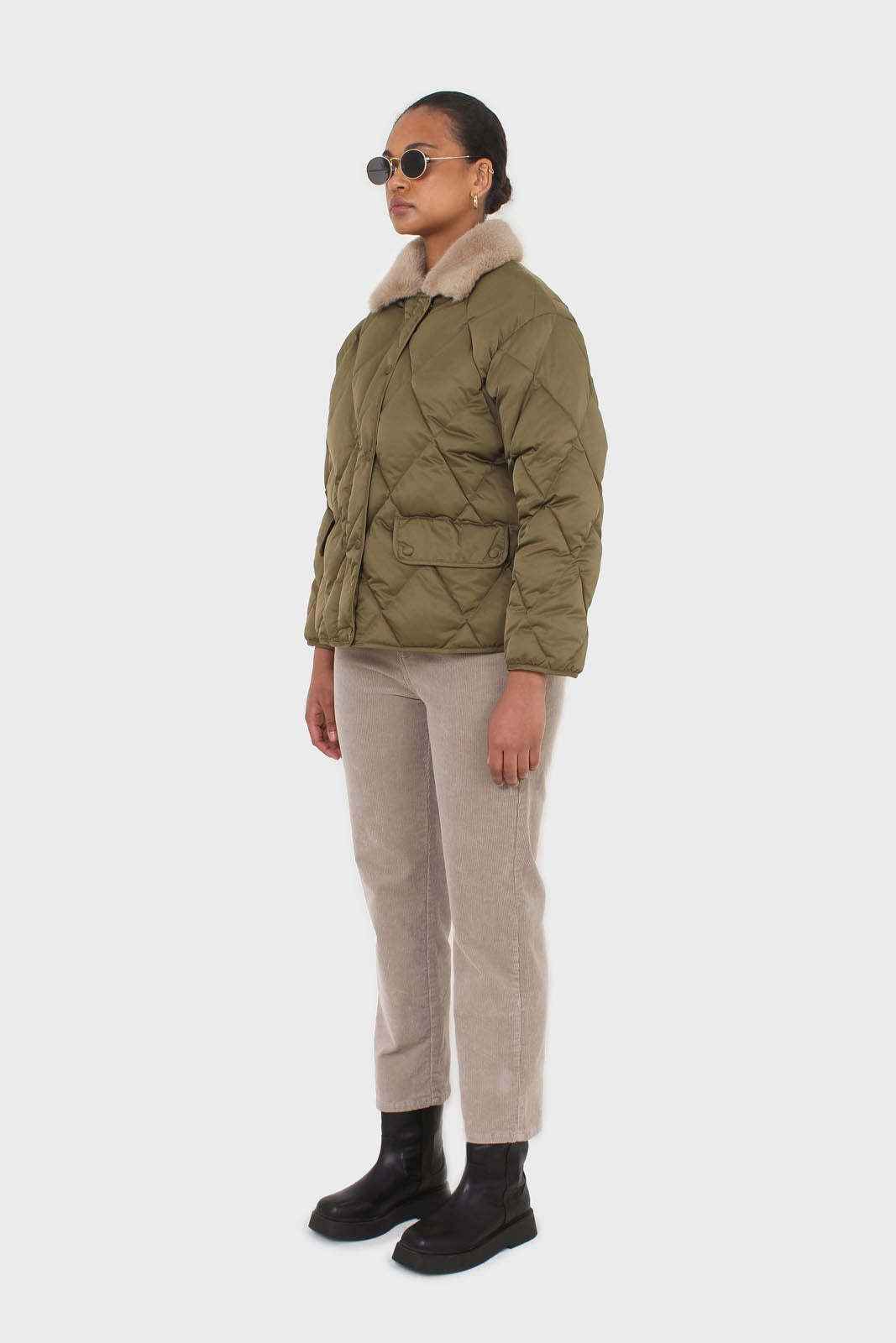 Khaki faux fur collar diamond puffer jacket_3