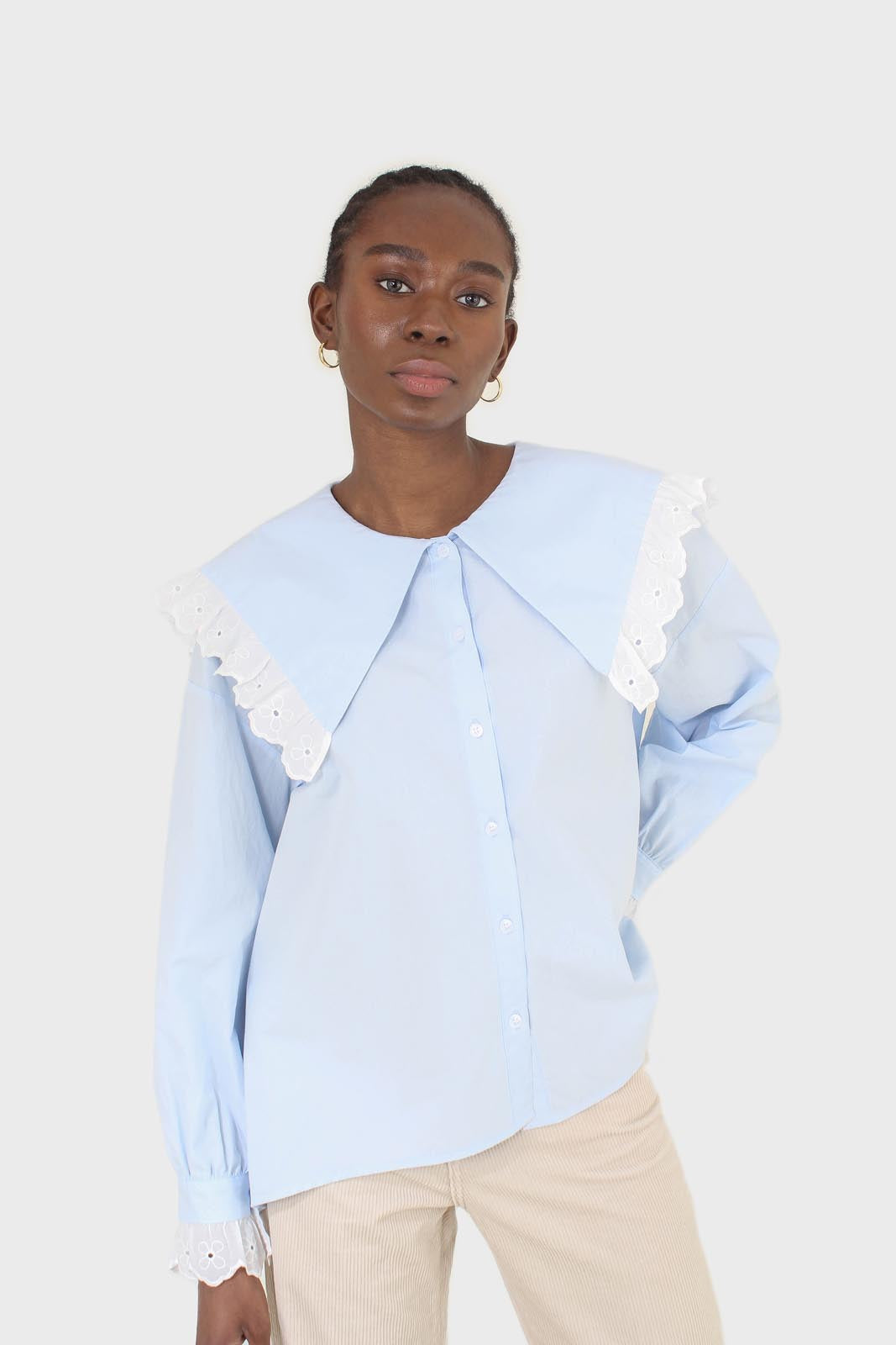 Blue large pointed collar cotton blouse_6