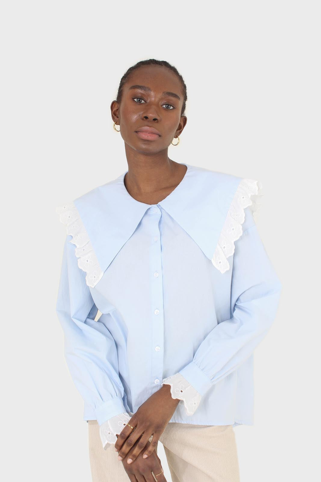 Blue large pointed collar cotton blouse_1