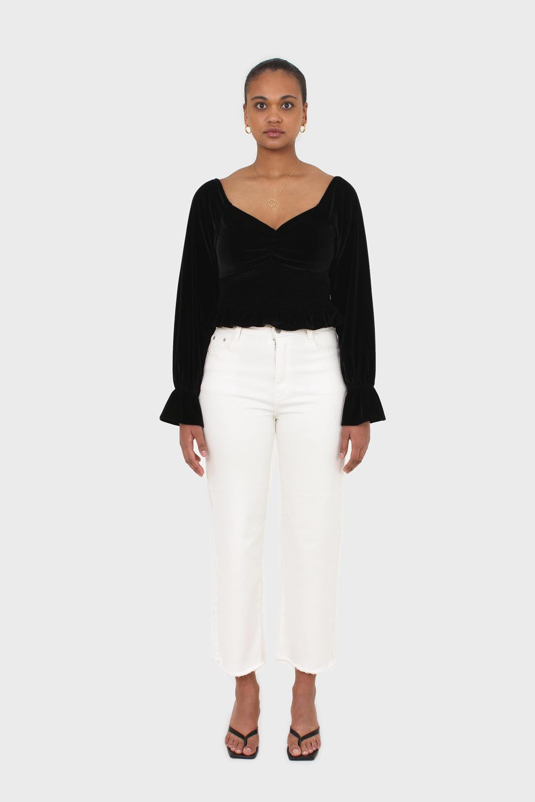 Black velvet smocked crop off shoulder top_3
