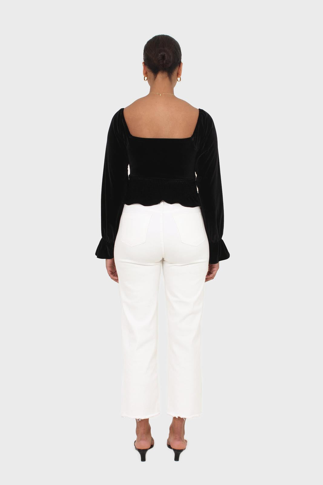 Black velvet smocked crop off shoulder top_5