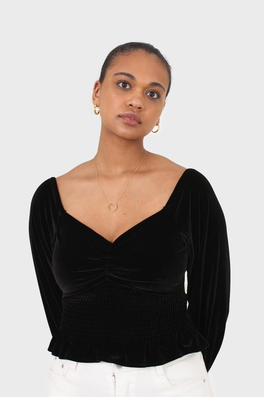 Black velvet smocked crop off shoulder top_1
