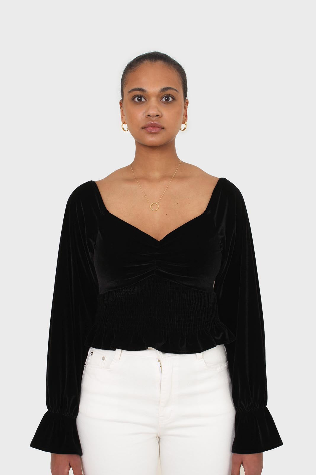 Black velvet smocked crop off shoulder top_6