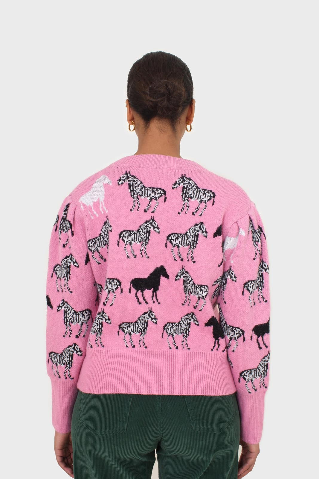 Pink zebra intarsia puff sleeved cardigan_3