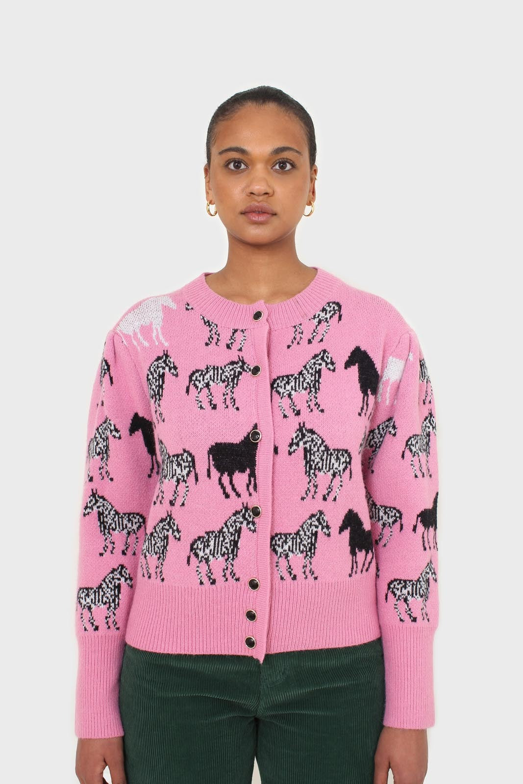 Pink zebra intarsia puff sleeved cardigan_7