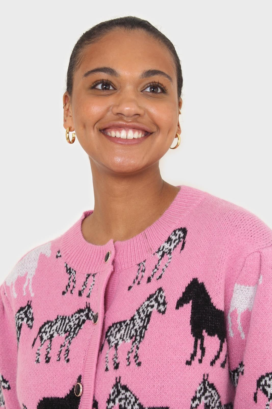 Pink zebra intarsia puff sleeved cardigan_1