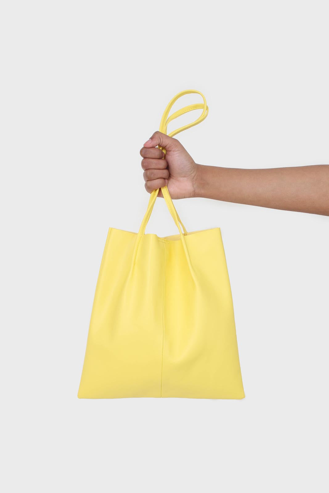 Bright yellow vegan leather pinched strap tote bag_2
