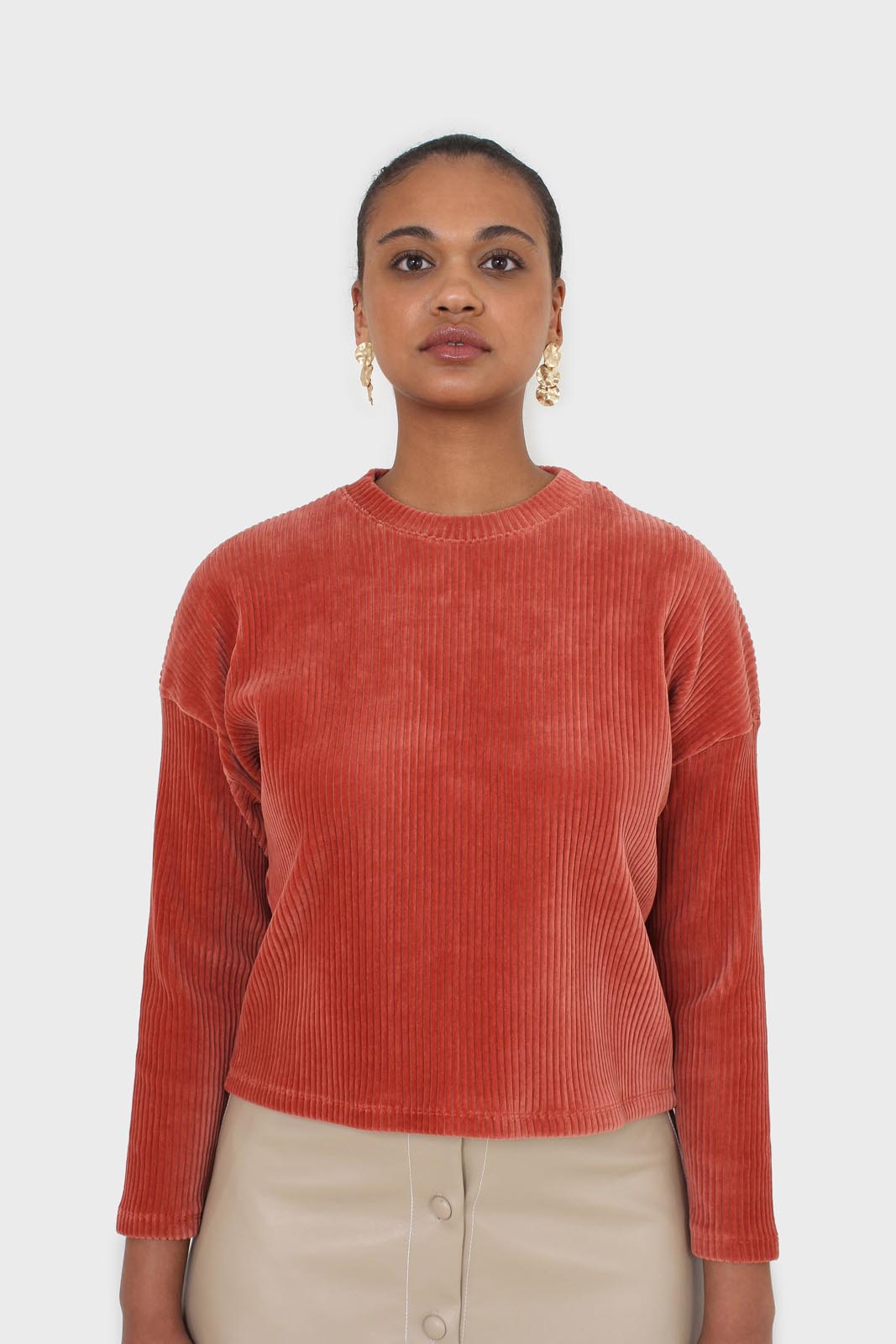 Orange ribbed velvet long sleeved top_2