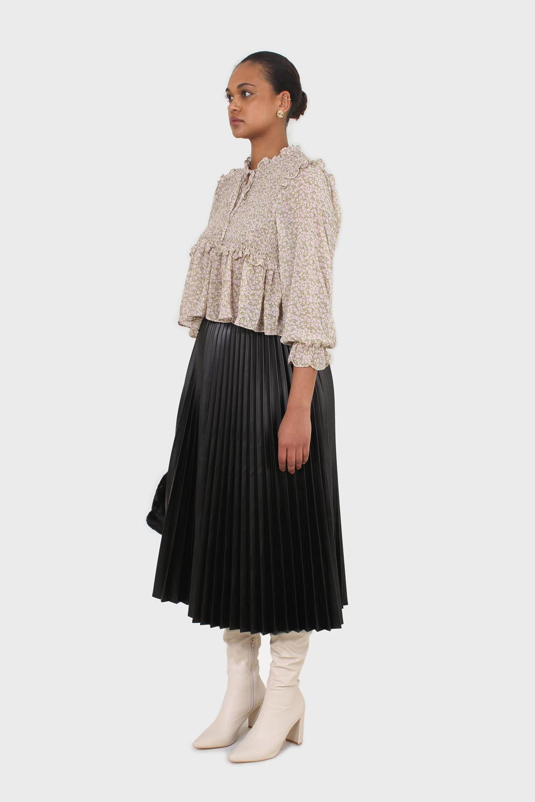 Green and lilac floral print smocked blouse_6