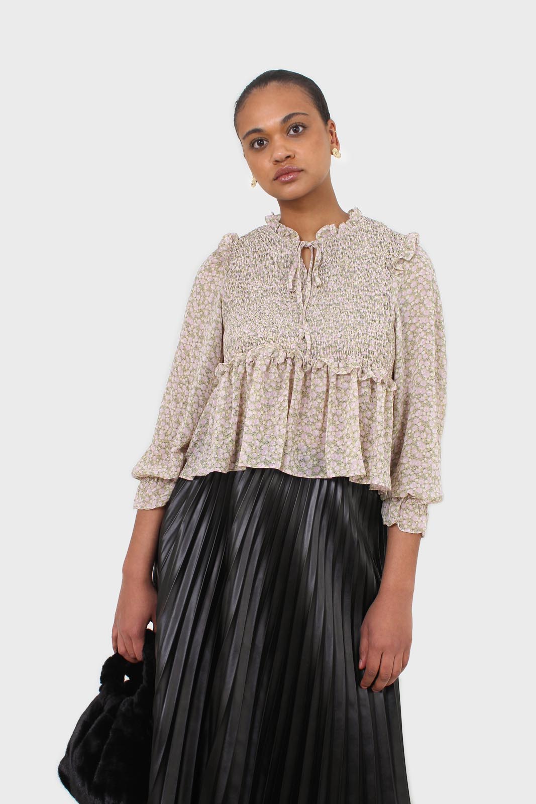 Green and lilac floral print smocked blouse_7