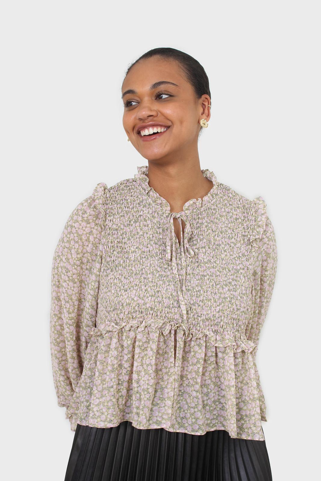 Green and lilac floral print smocked blouse_1