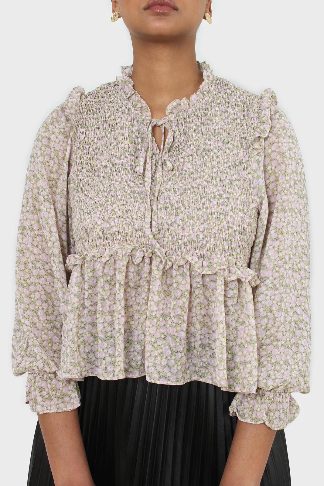 Green and lilac floral print smocked blouse_3