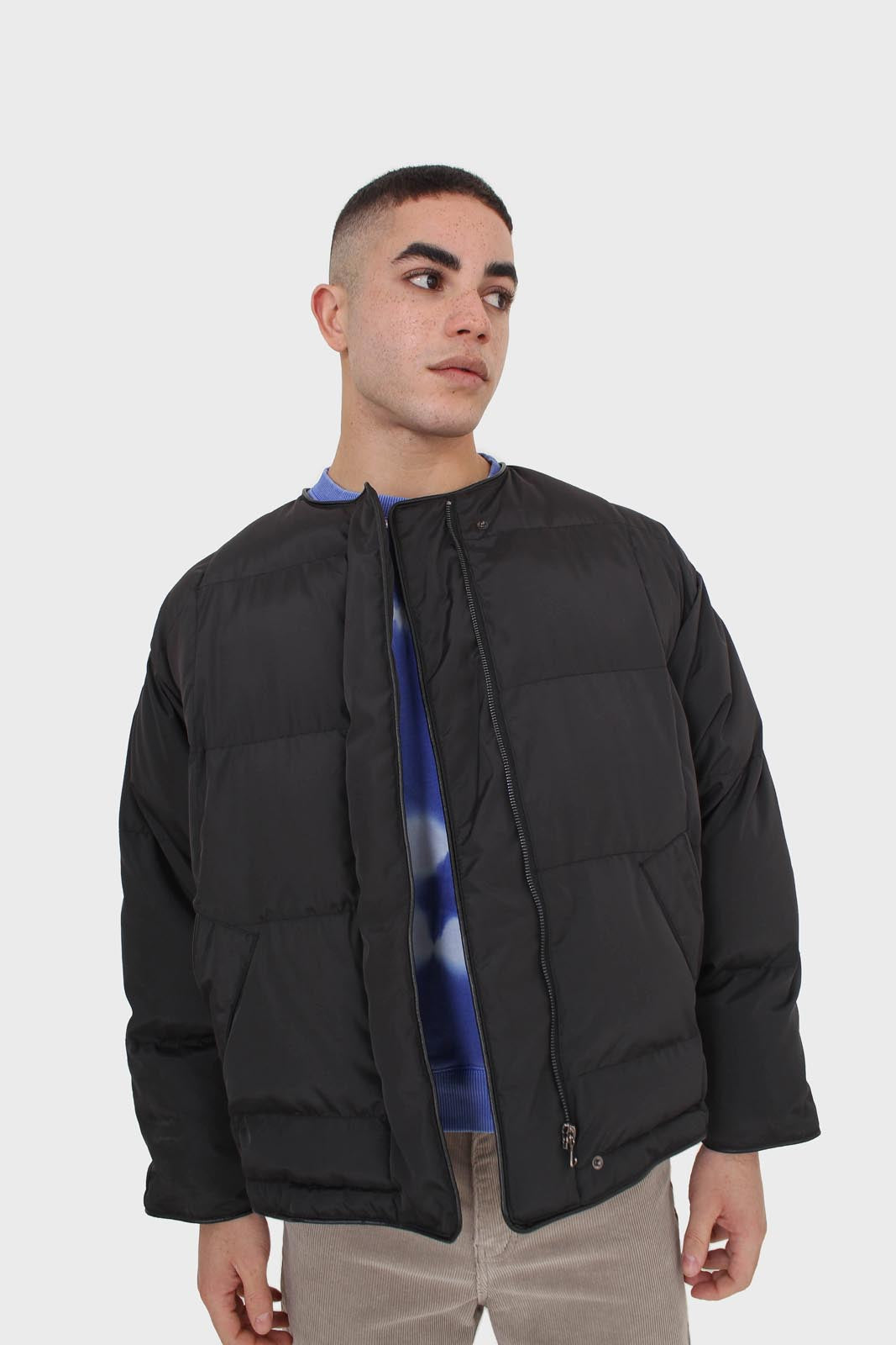 Black vegan leather trim puffer jacket_4