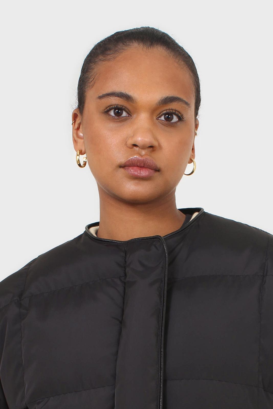 Black vegan leather trim puffer jacket_10