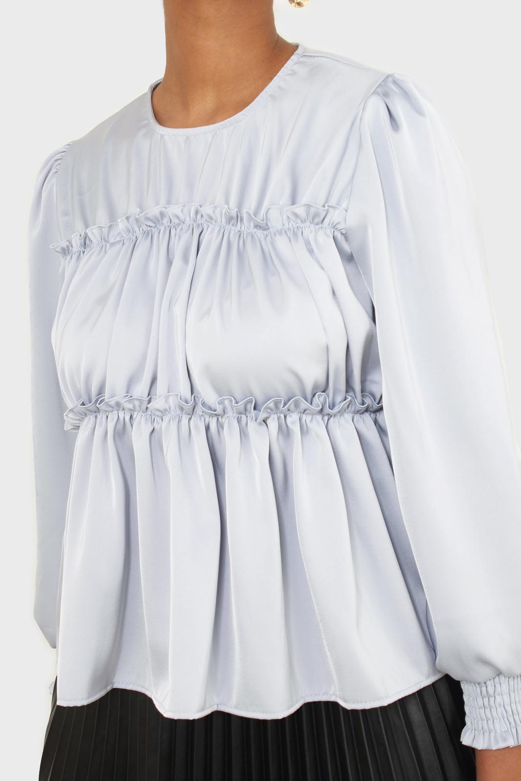 Light blue shirring panel silky blouse_9