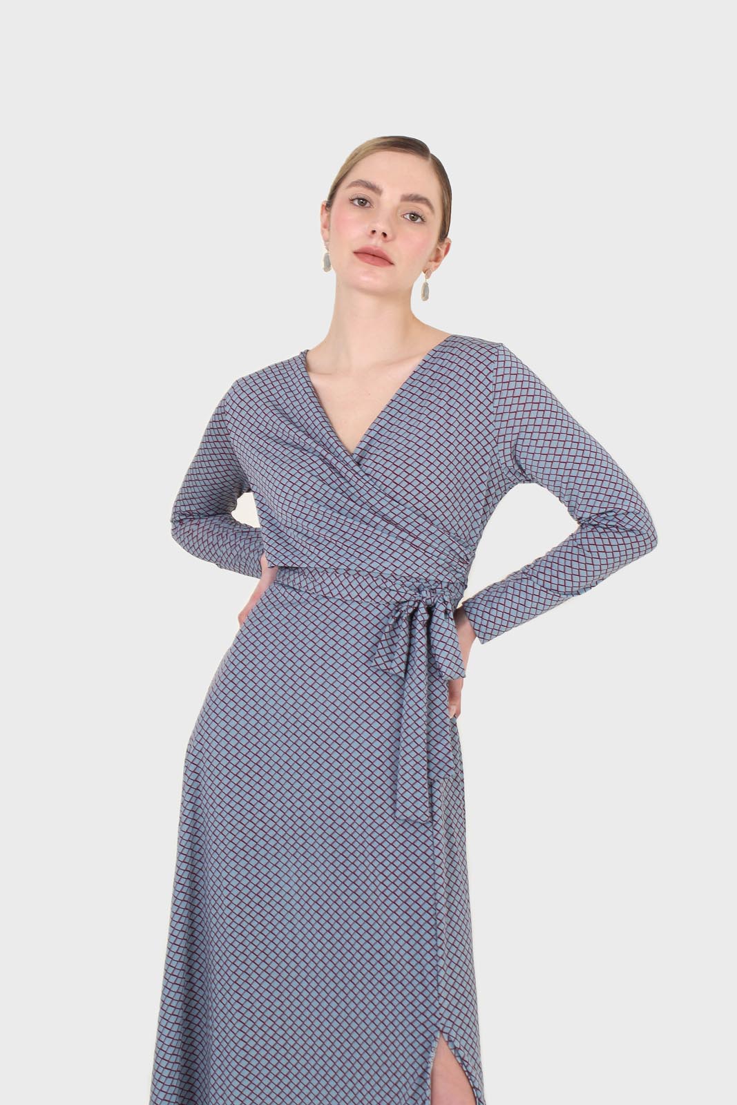 Blue and purple diamond jersey wrap dress_4