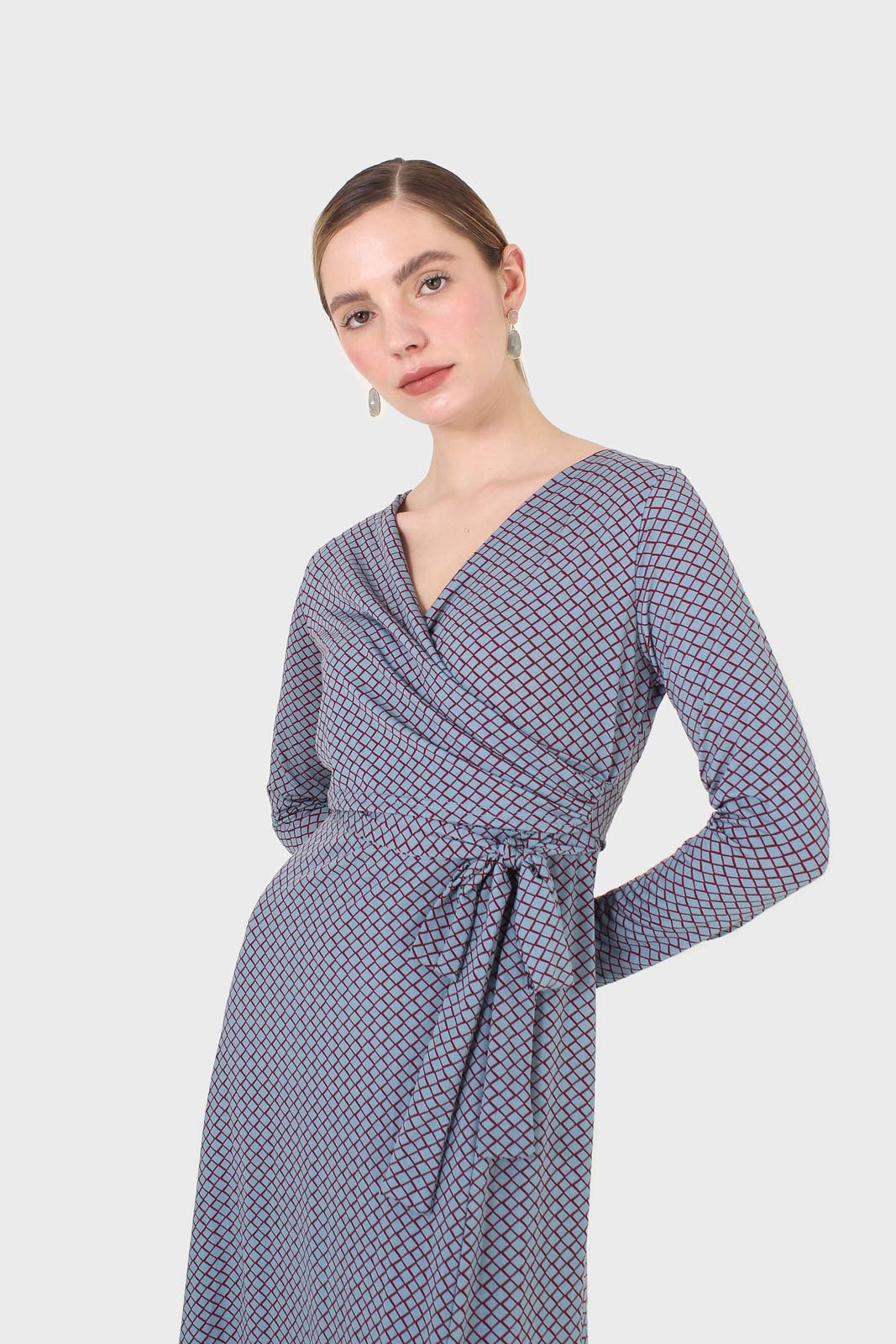 Blue and purple diamond jersey wrap dress_3