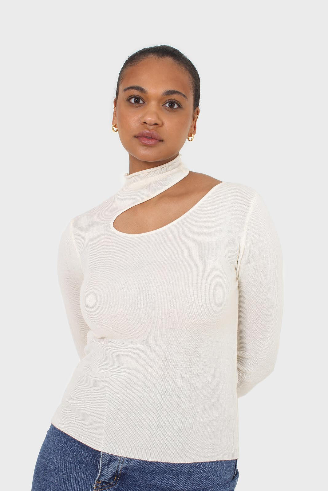 Ivory large cut out fitted knit turtleneck_1