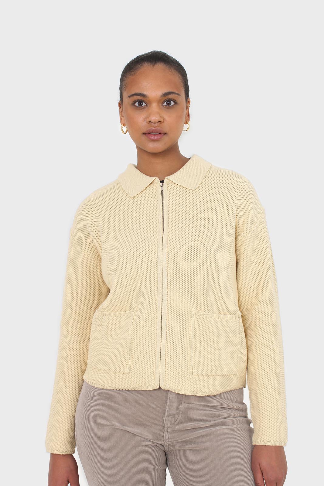 Pale yellow waffle zip up cardigan_4