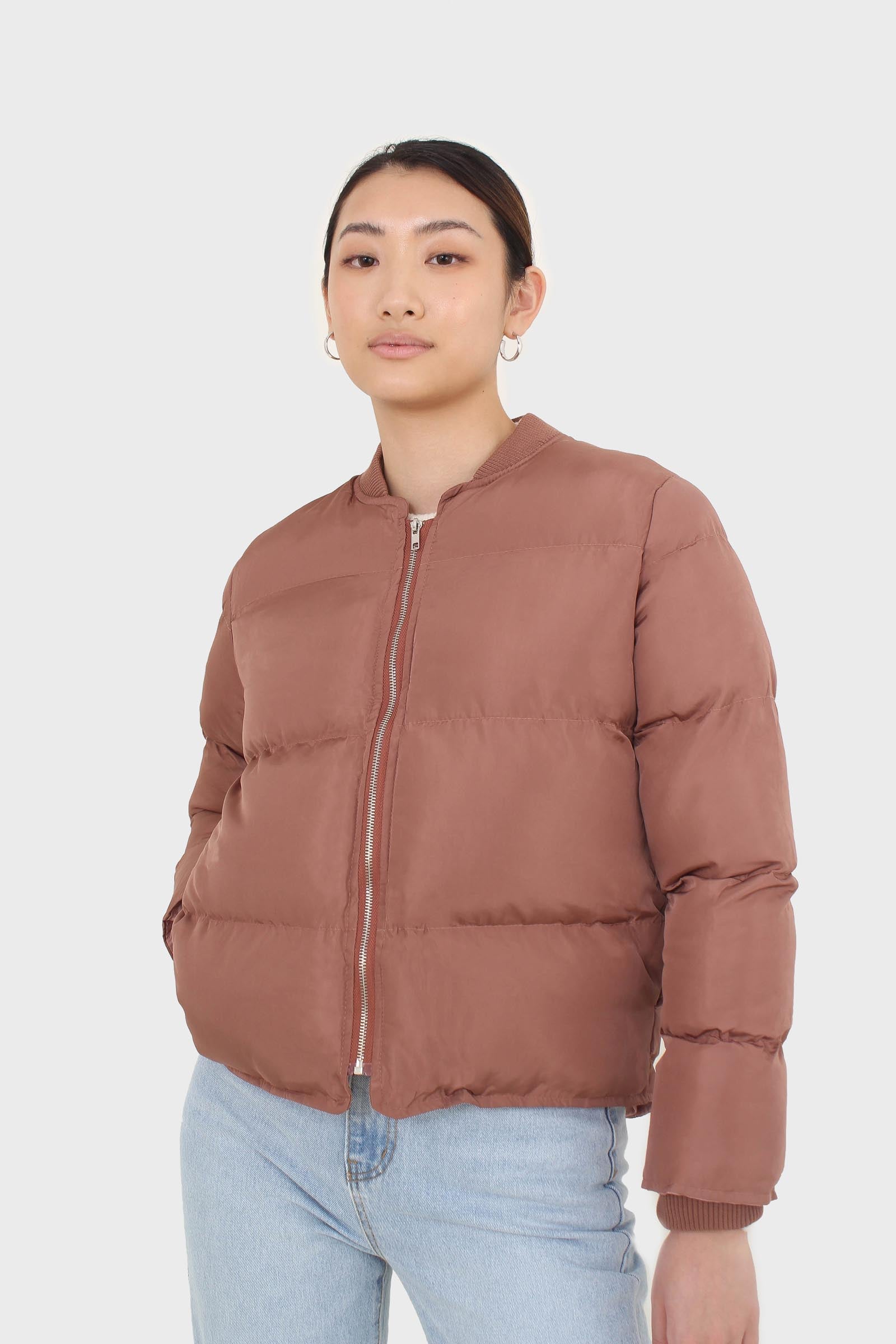 Brown round neck puffer jacket_1