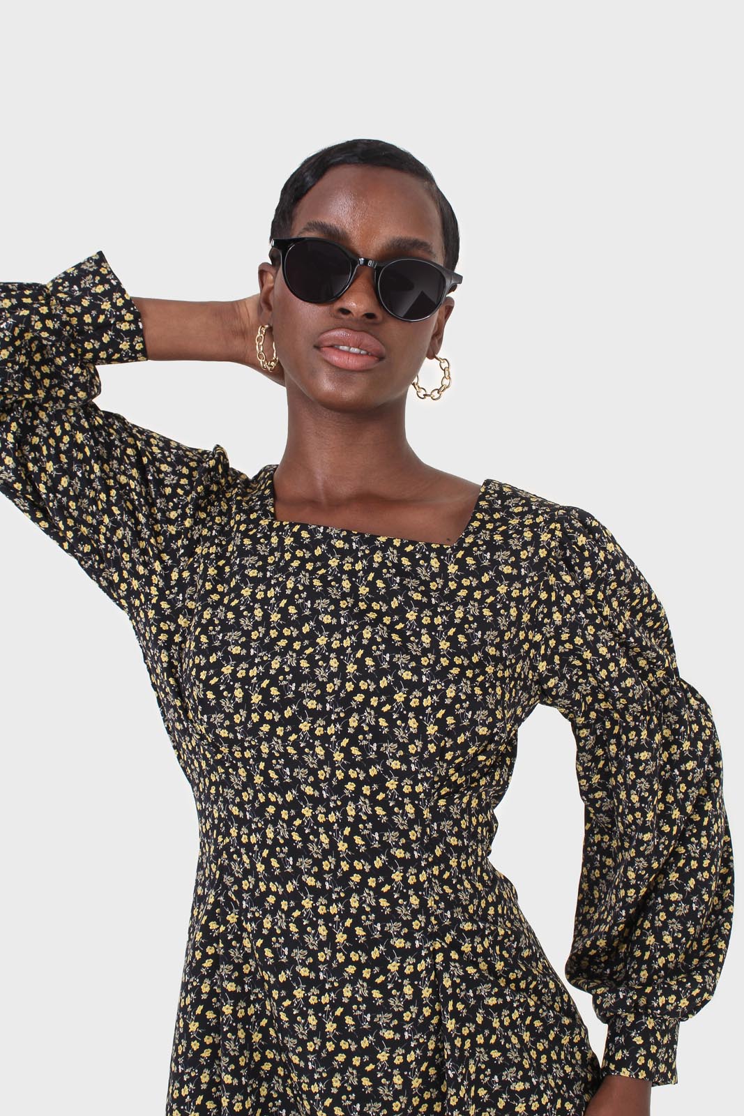 Black floral square neck dress_6