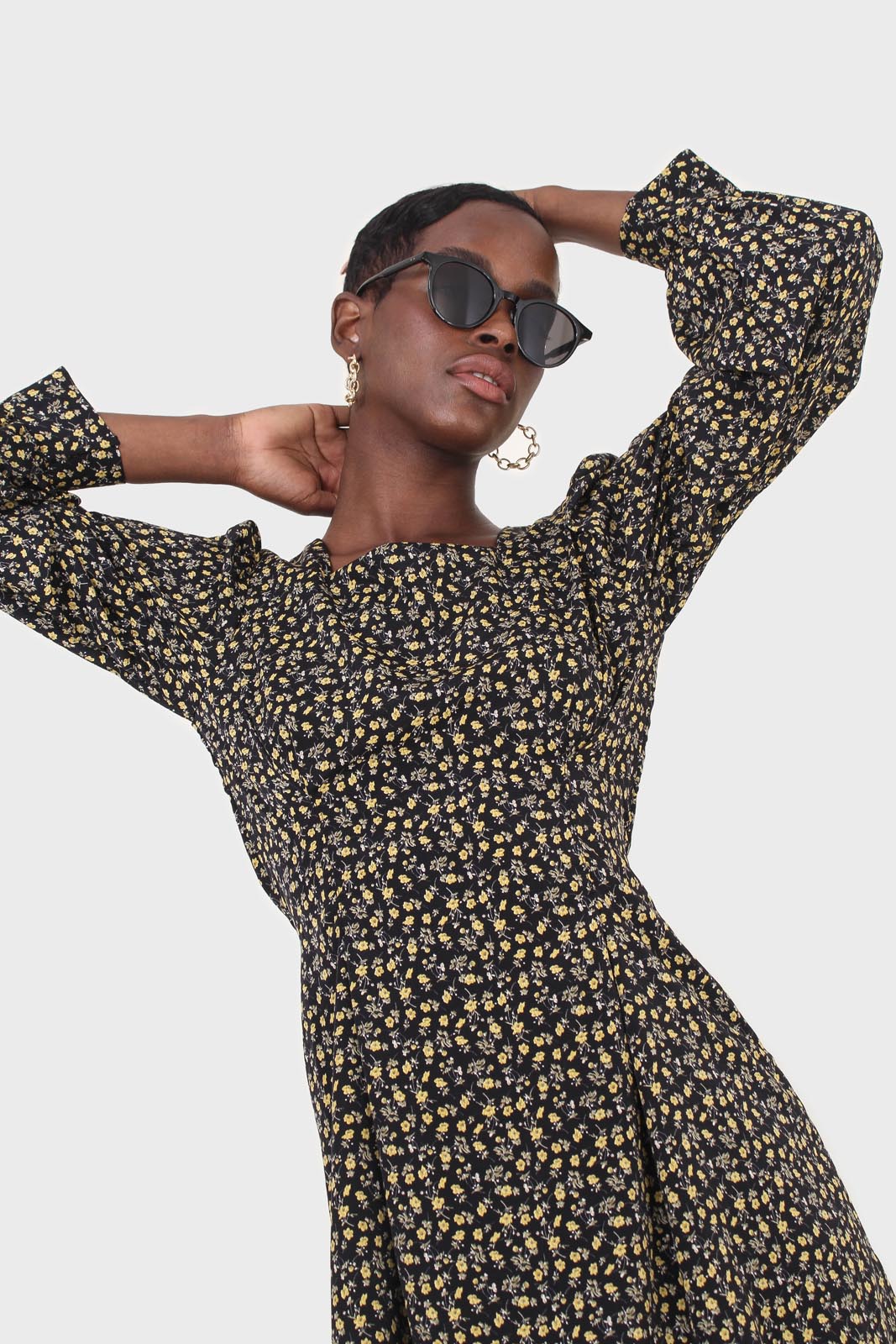 Black floral square neck dress_4