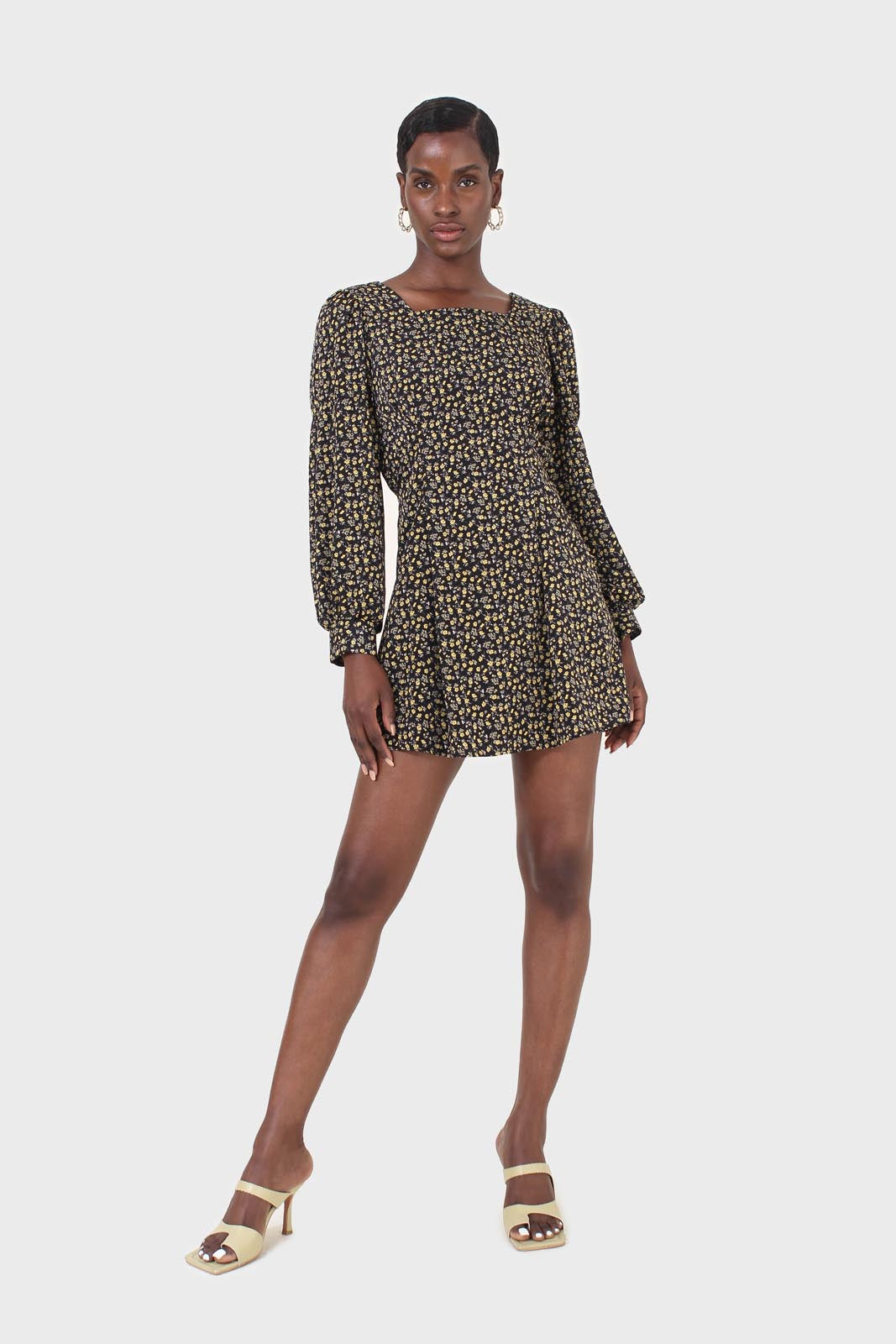 Black floral square neck dress_3