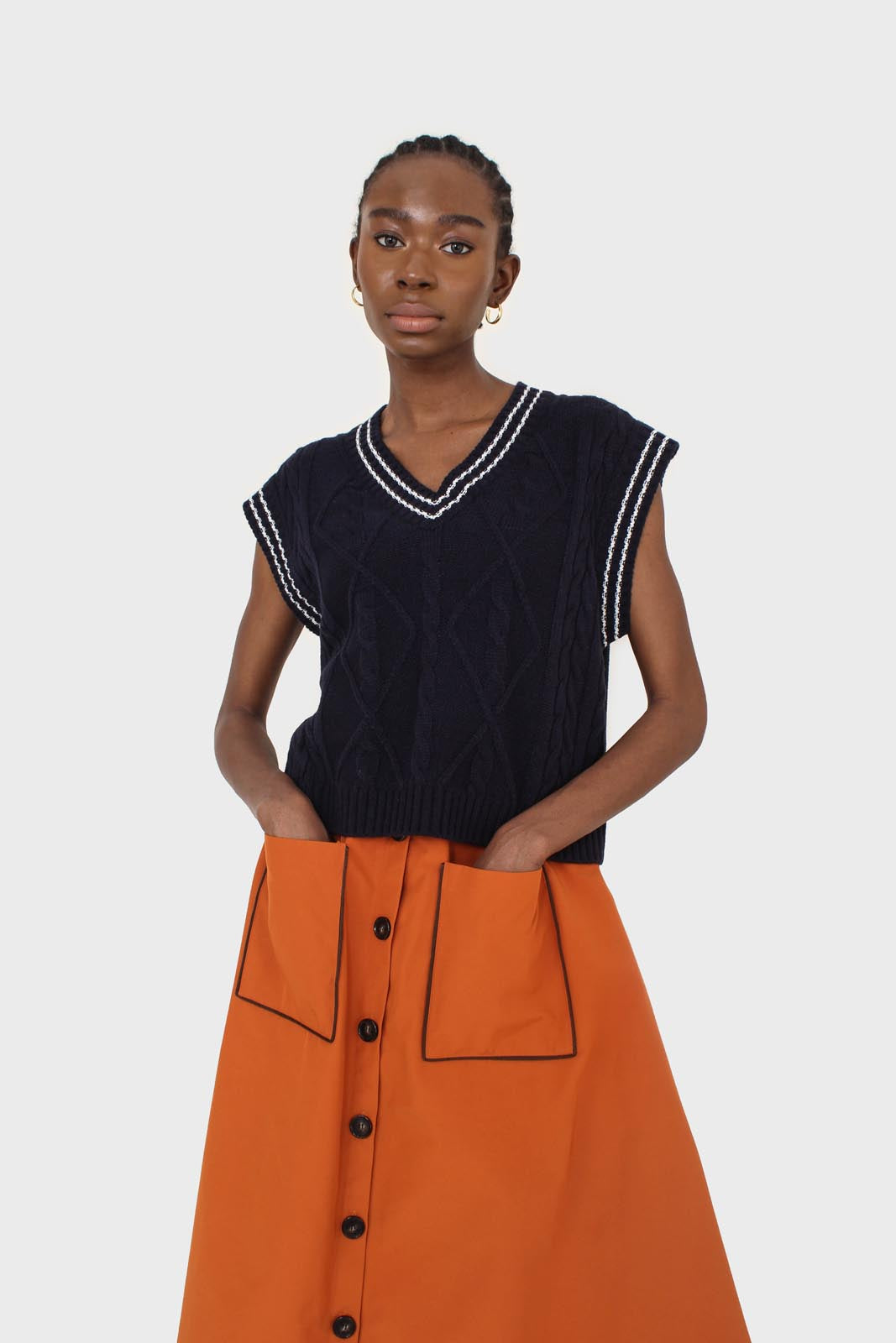 Orange button up patch pocket midi skirt_3