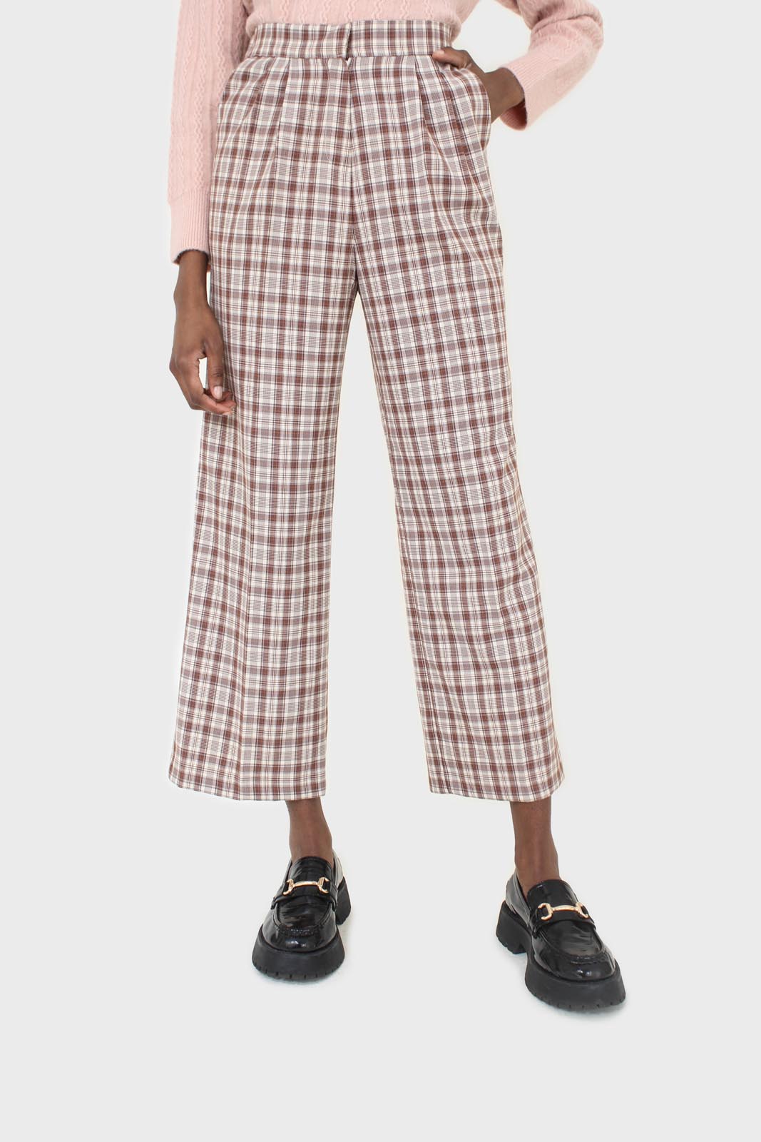 Brown plaid wide leg trousers_1