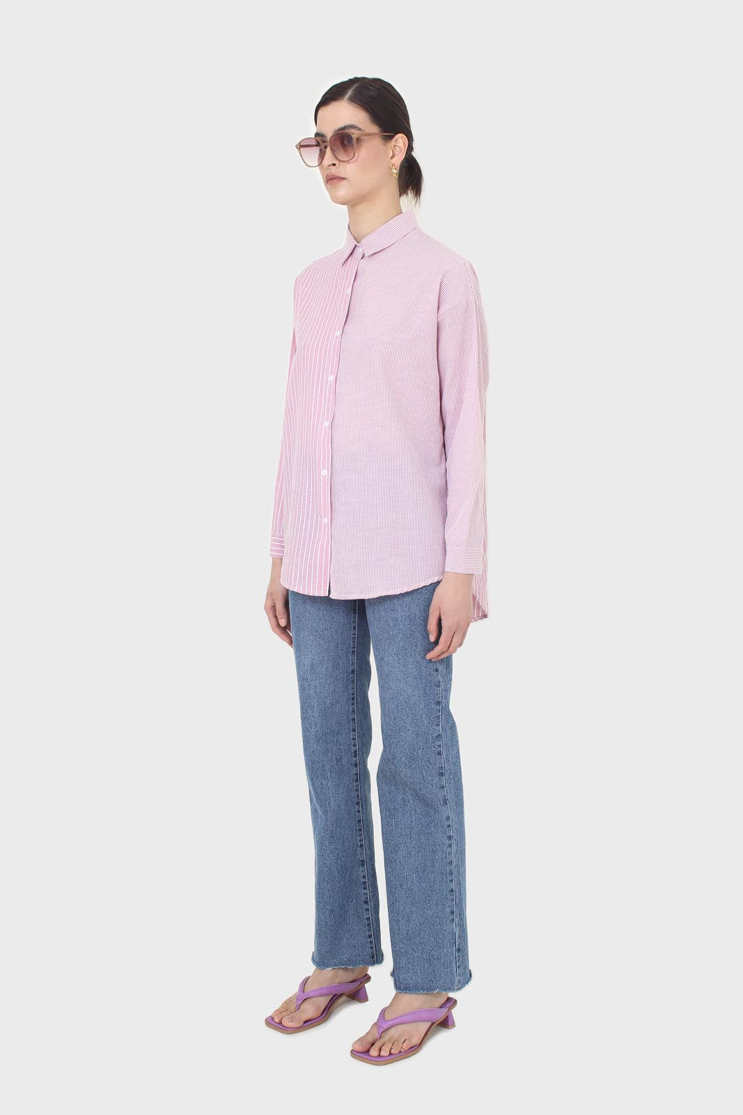Pink and white multistripe loose fit shirt_5