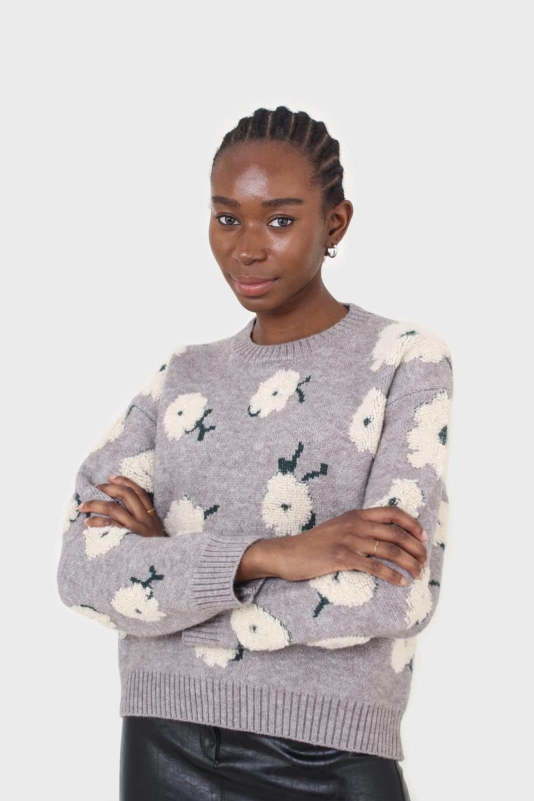 Grey and white floral crew neck jumper_1