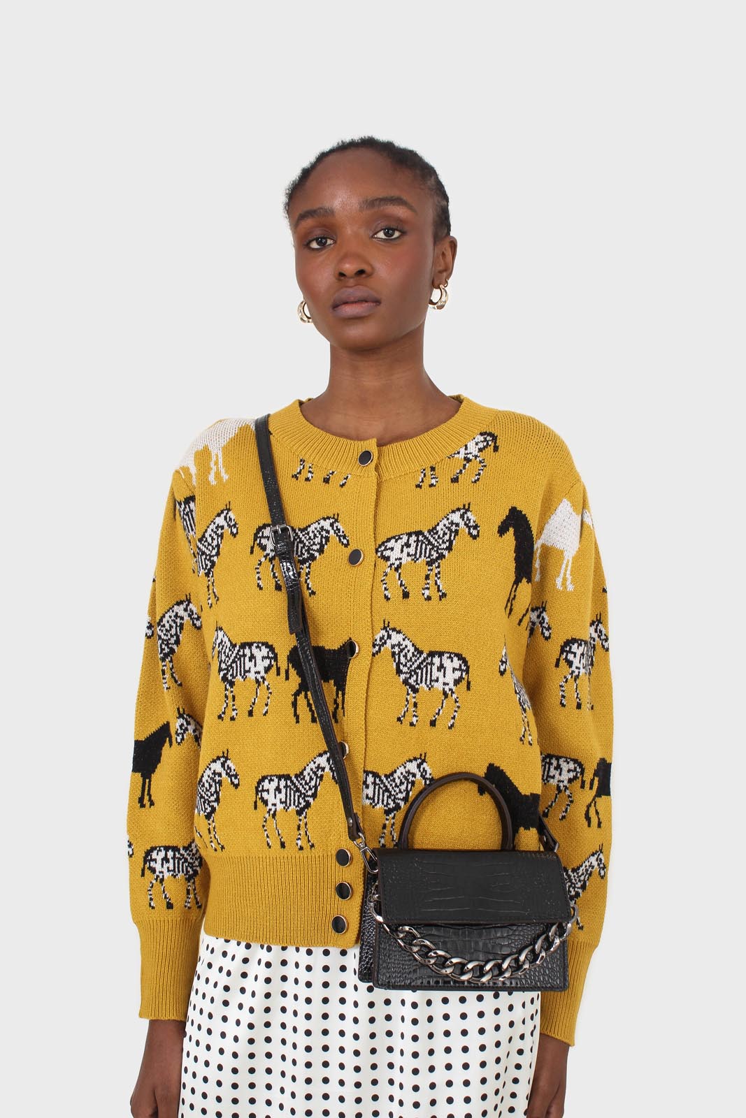 Mustard zebra metal button puff sleeved cardigan_13