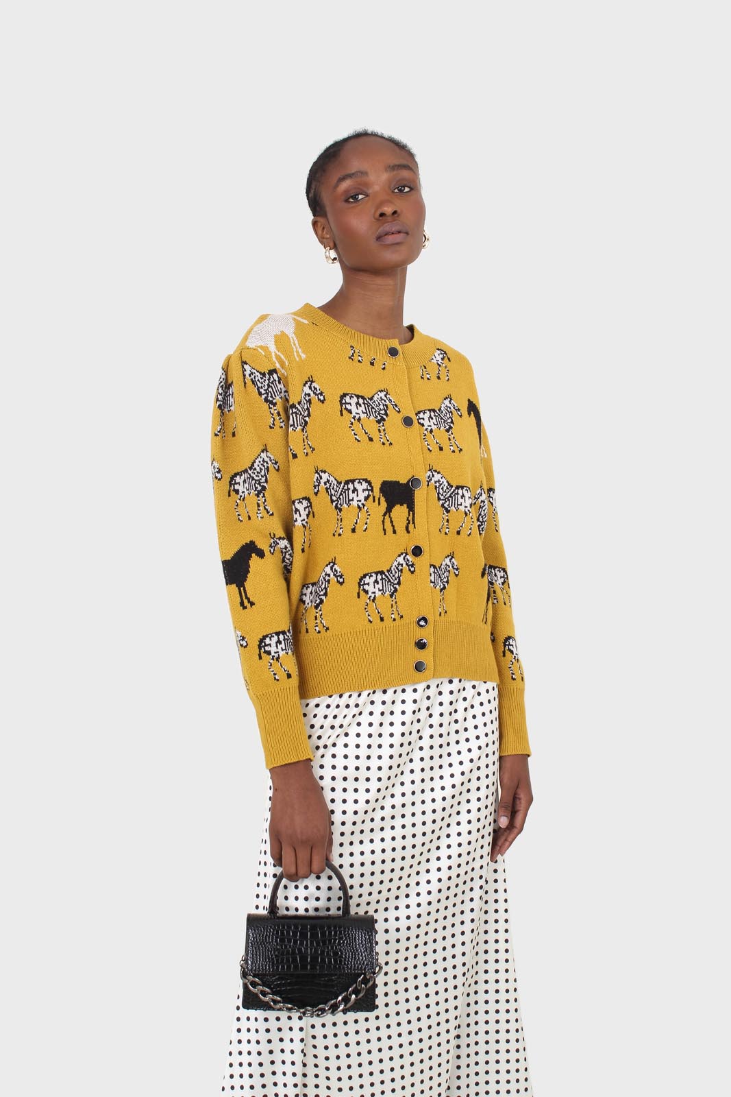 Mustard zebra metal button puff sleeved cardigan_6