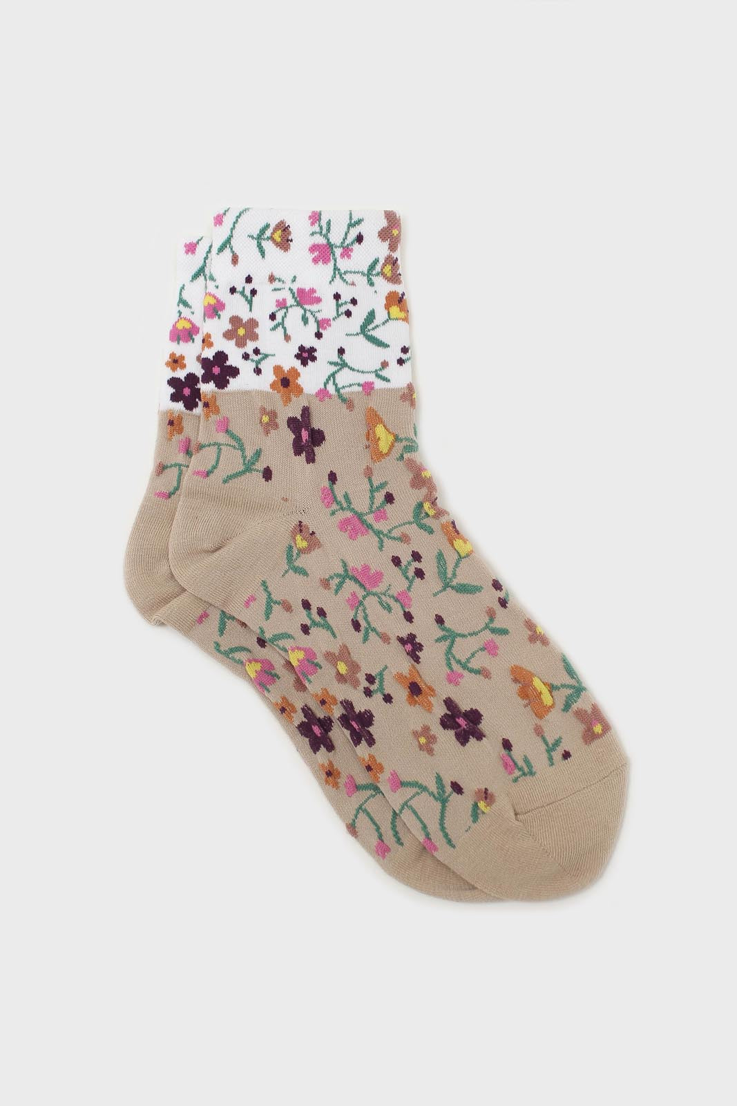 Beige floral colourblock socks_1