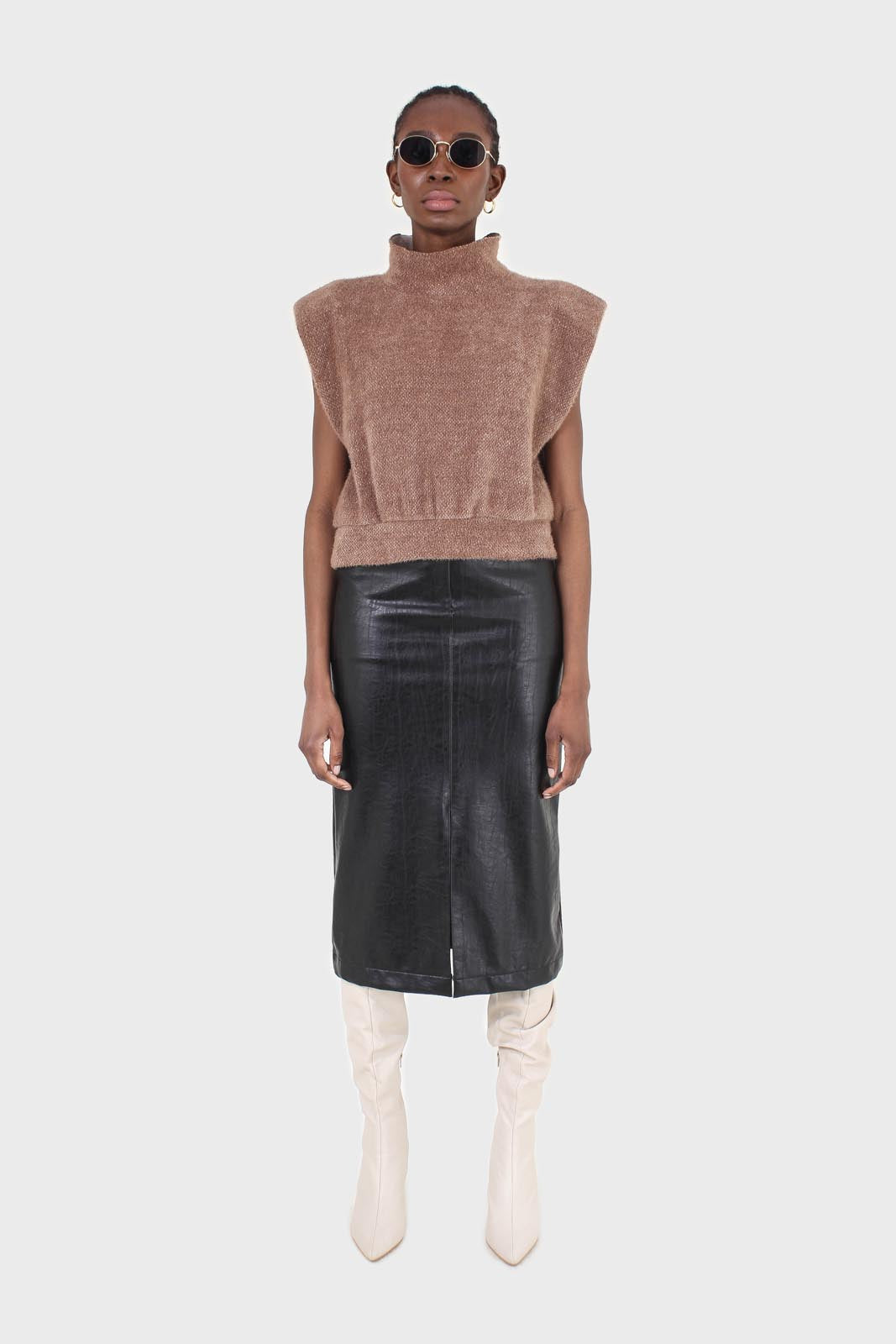 Brown fuzzy structured shoulder pad vest top_3