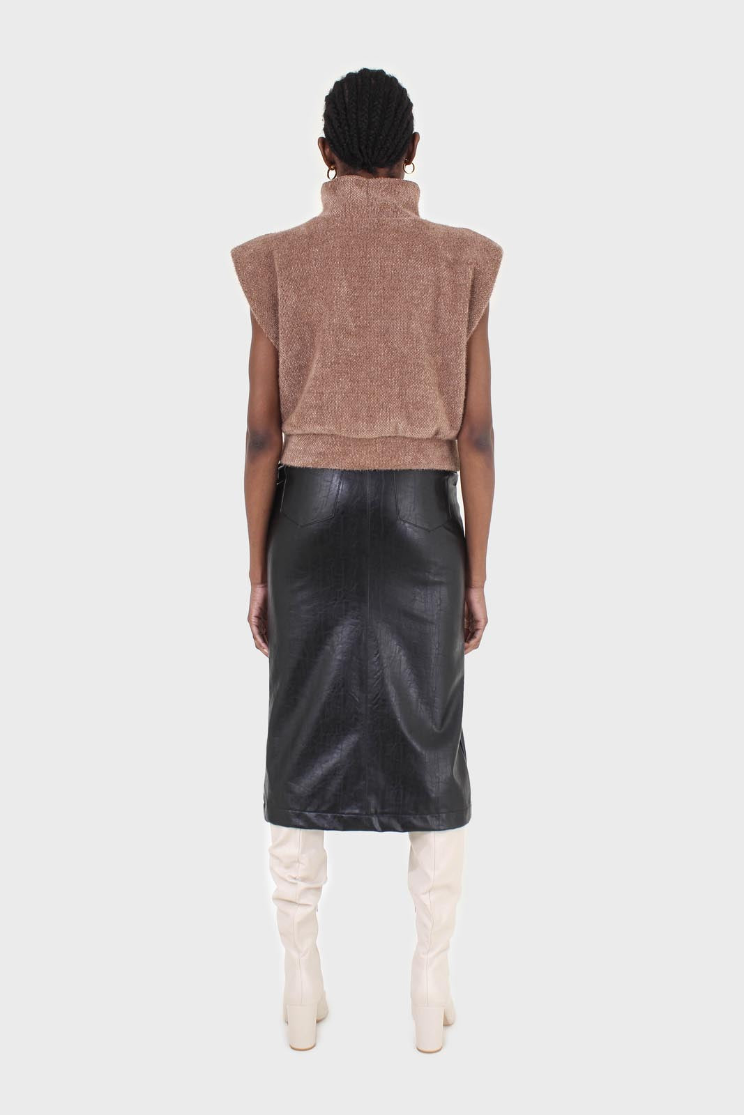 Brown fuzzy structured shoulder pad vest top_5