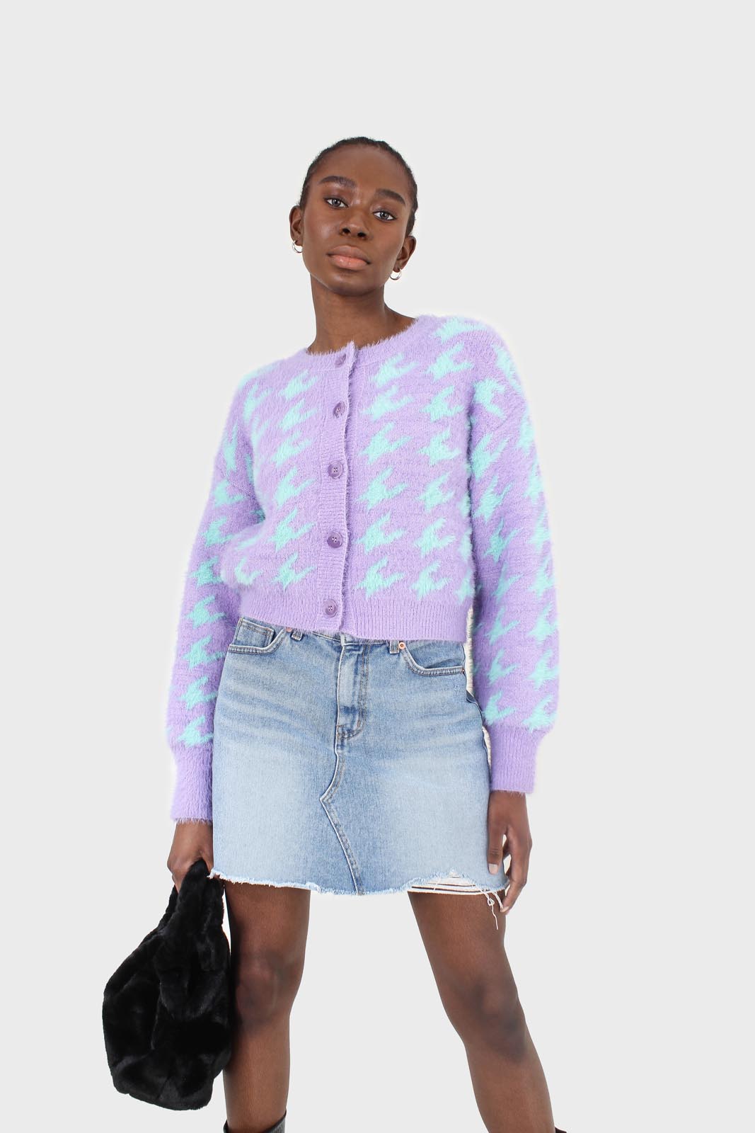 Violet and mint houndstooth fuzzy cardigan_8