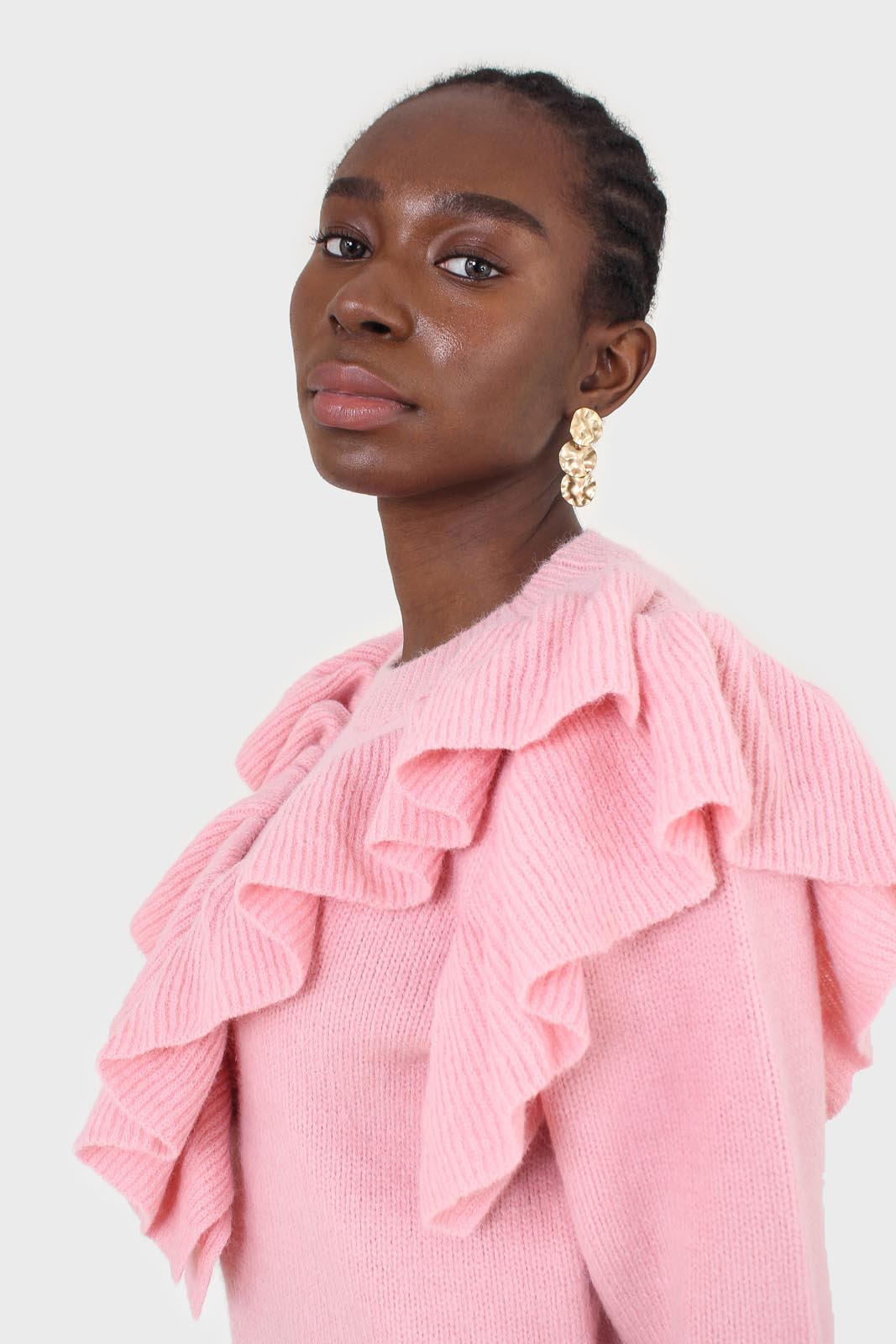 Pink deep V ruffle trim jumper_10