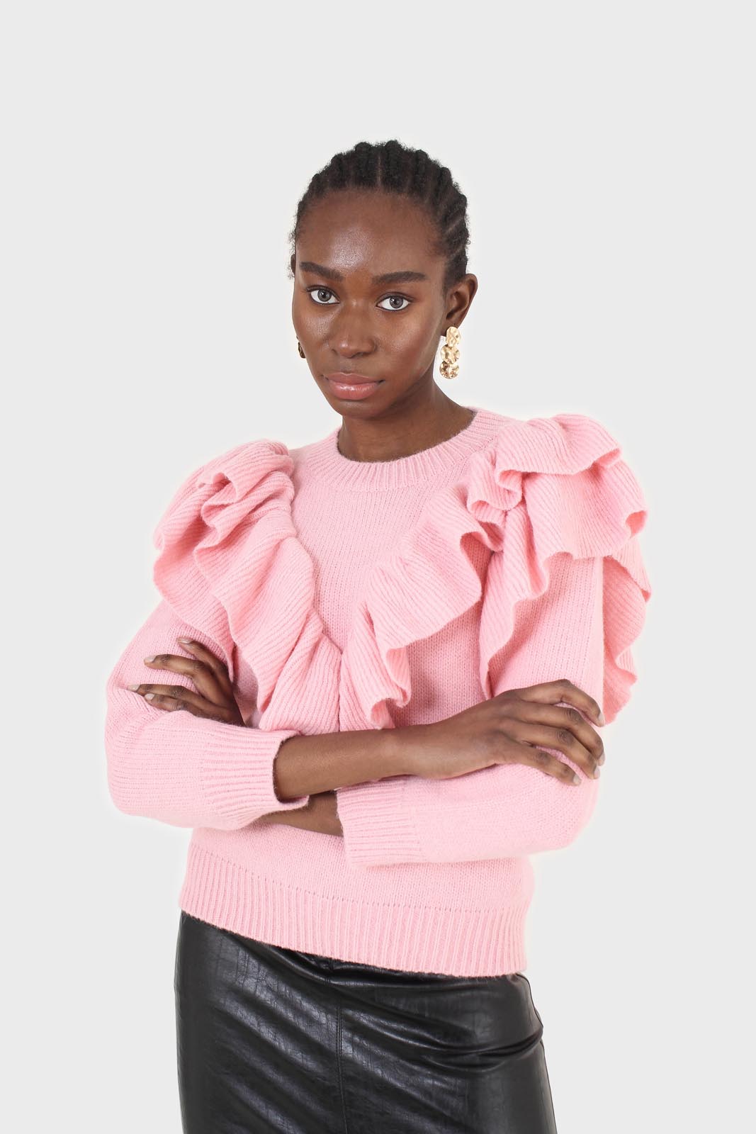 Pink deep V ruffle trim jumper_6