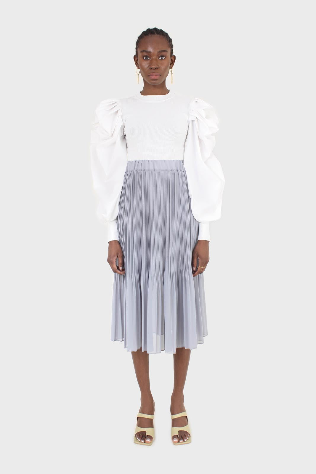 Ivory knit contrast puff sleeve top_2