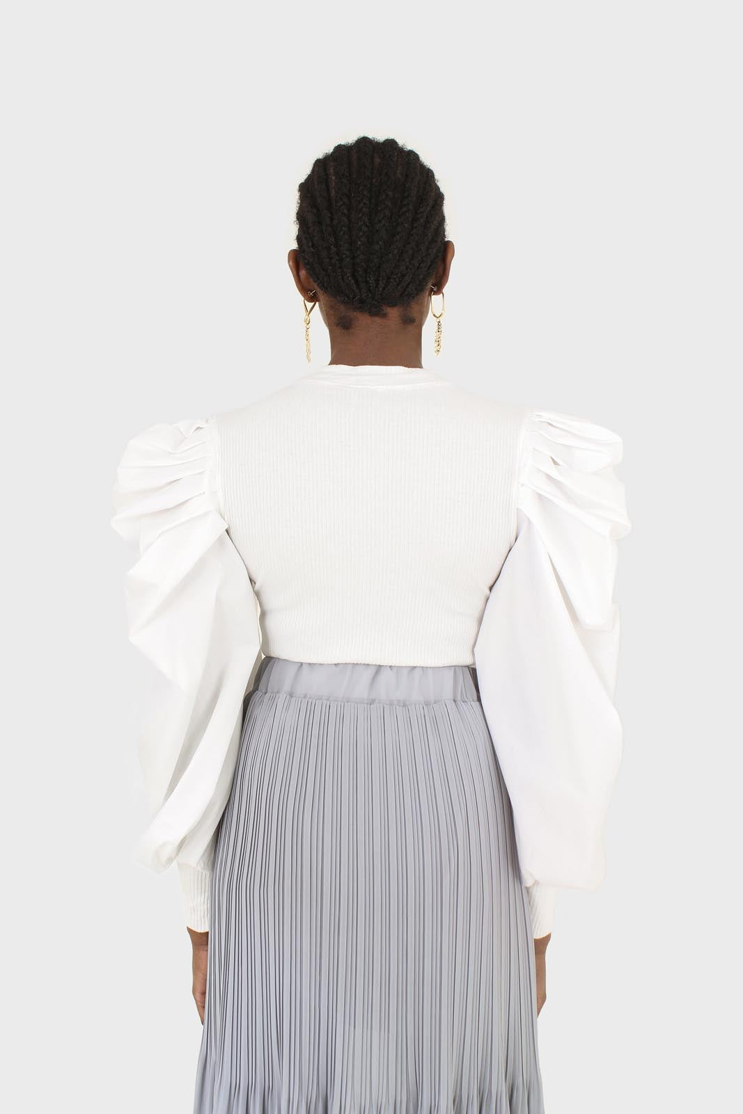 Ivory knit contrast puff sleeve top_7