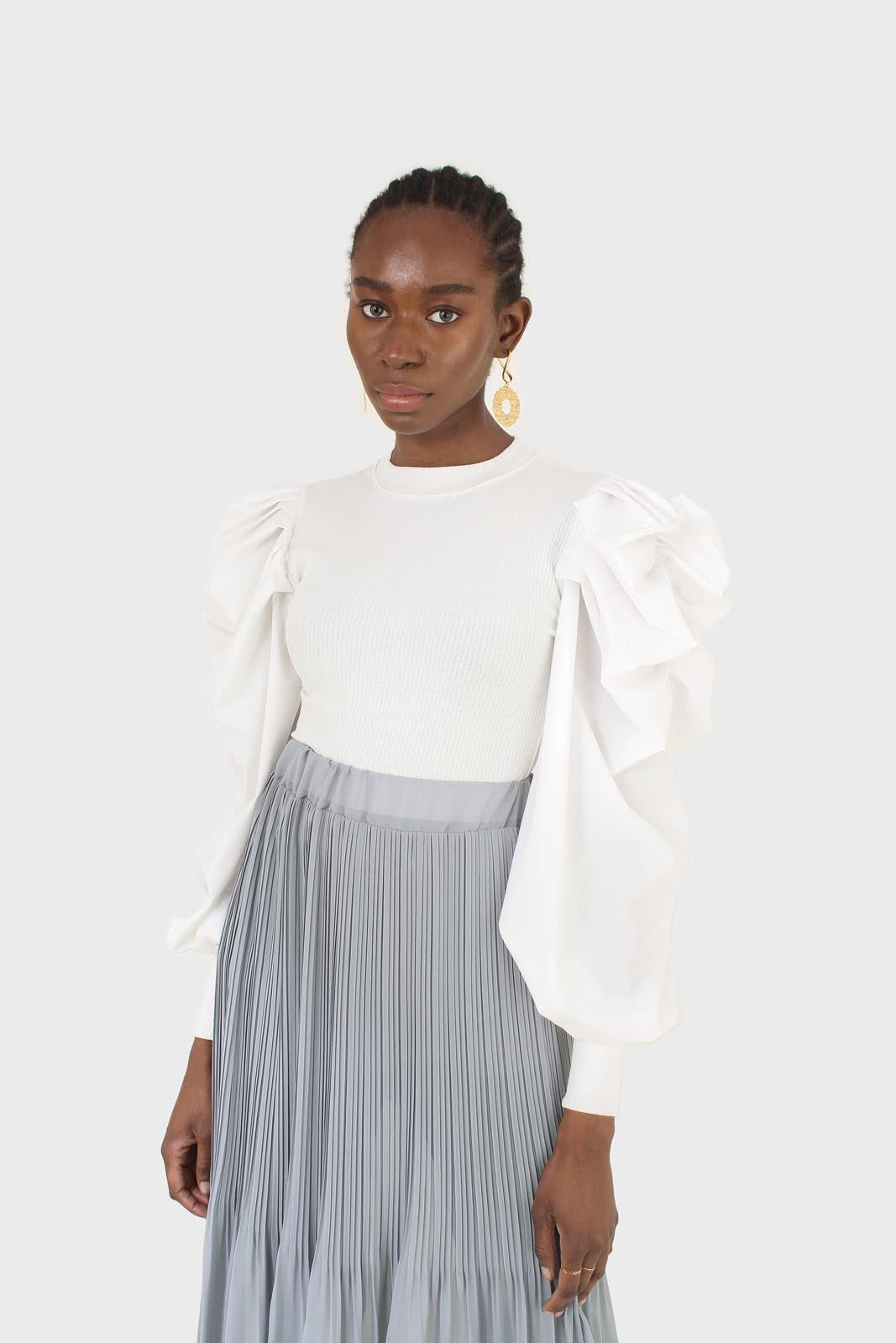 Ivory knit contrast puff sleeve top_8