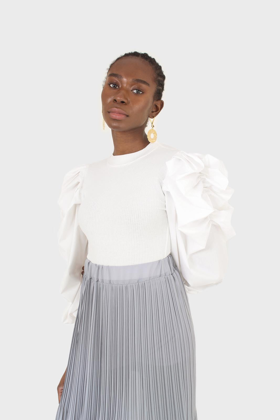 Ivory knit contrast puff sleeve top_6