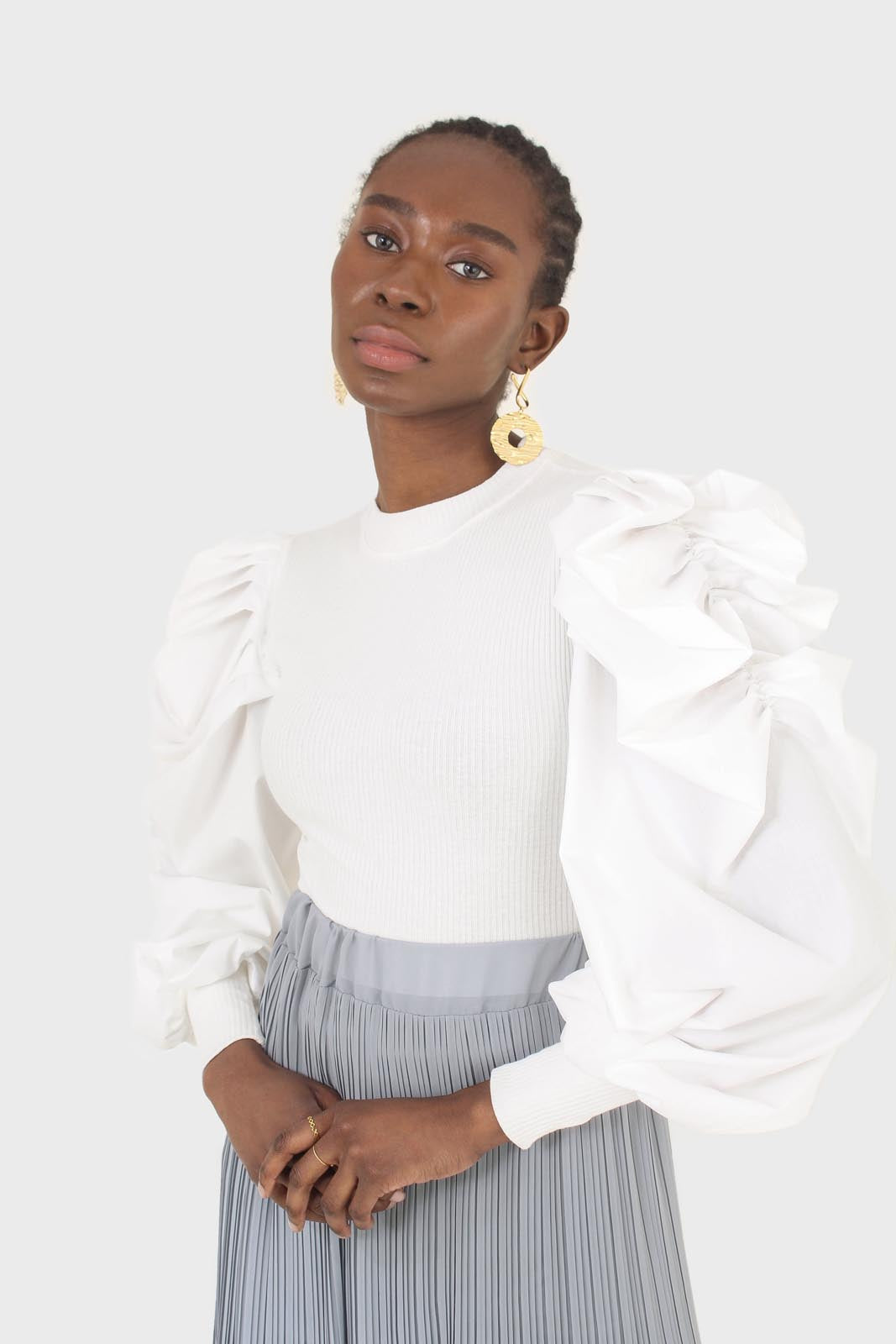 Ivory knit contrast puff sleeve top_1