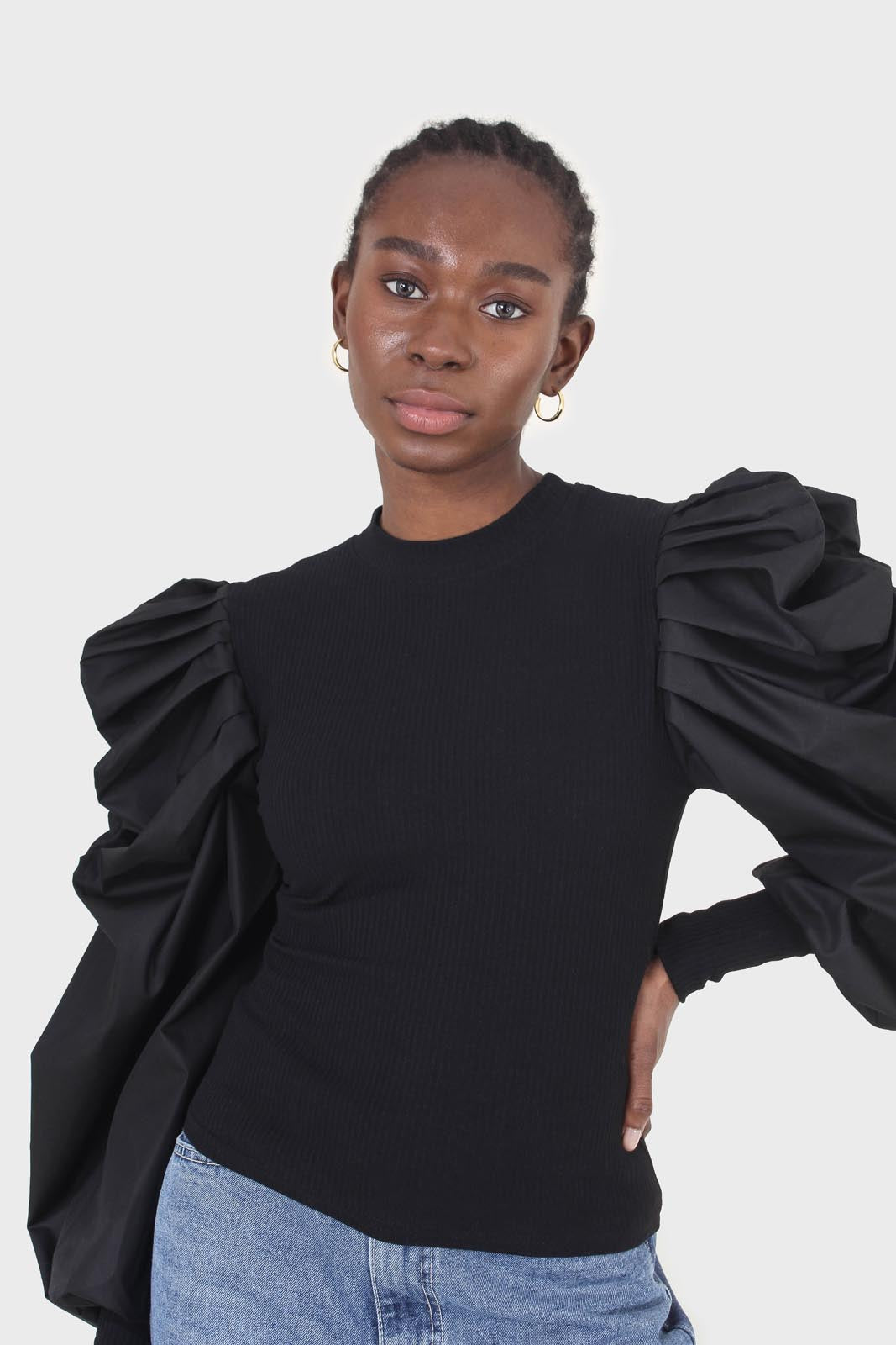 Black knit contrast puff sleeve top_4