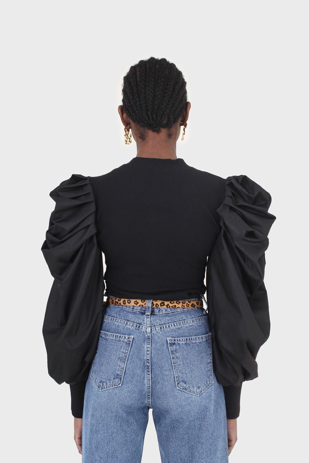 Black knit contrast puff sleeve top_2