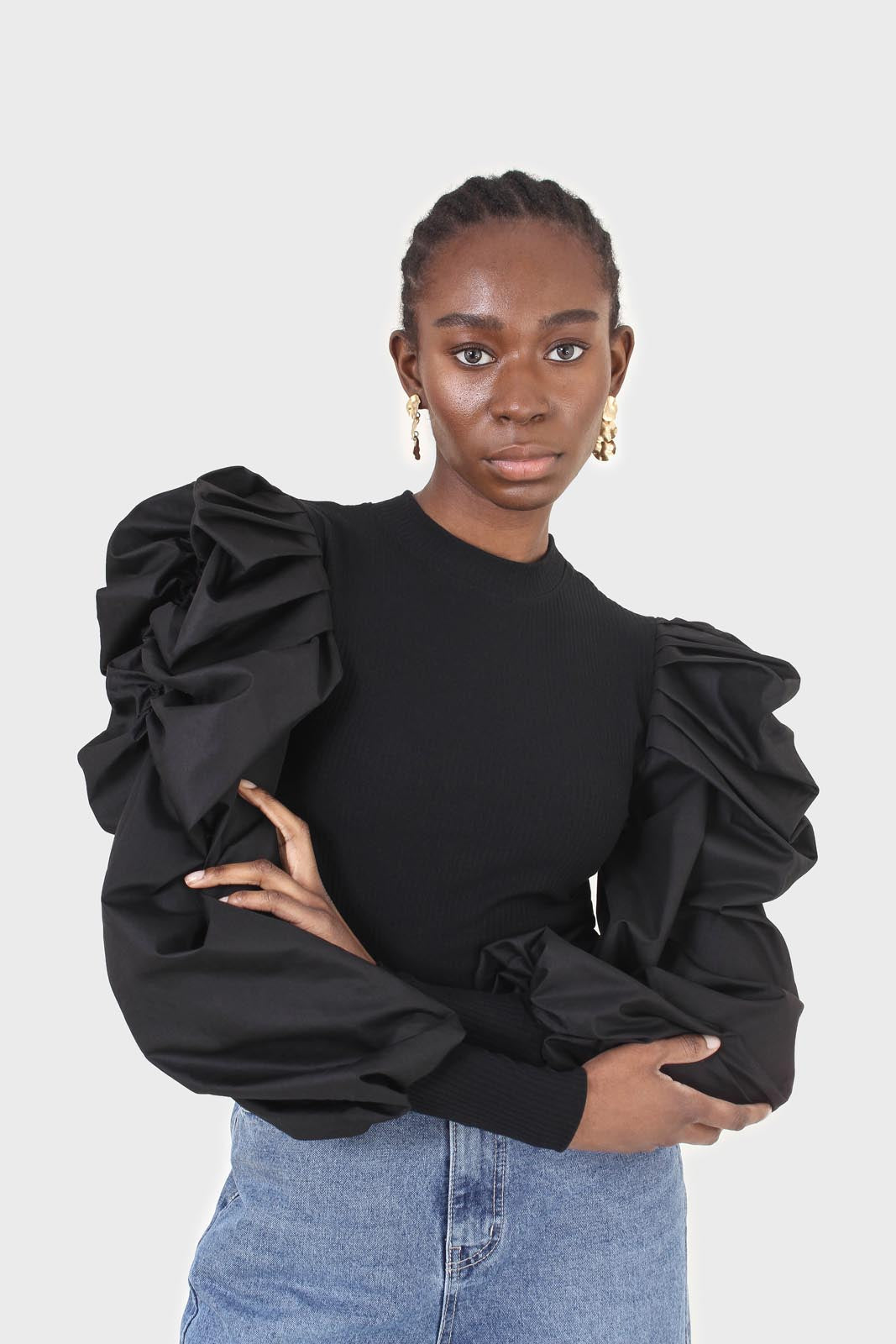 Black knit contrast puff sleeve top_1