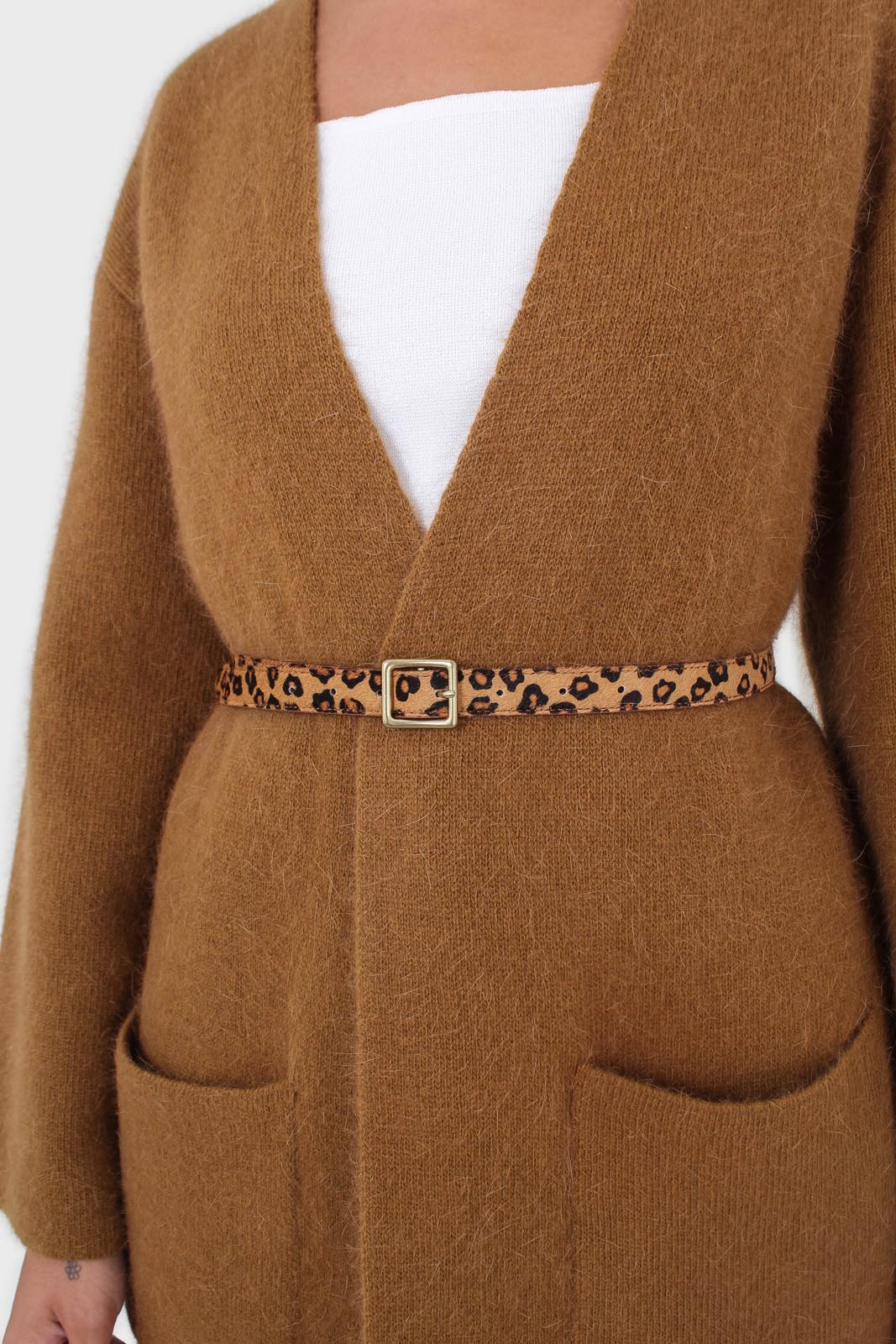 Beige leopard horsehair genuine leather thin belt_1