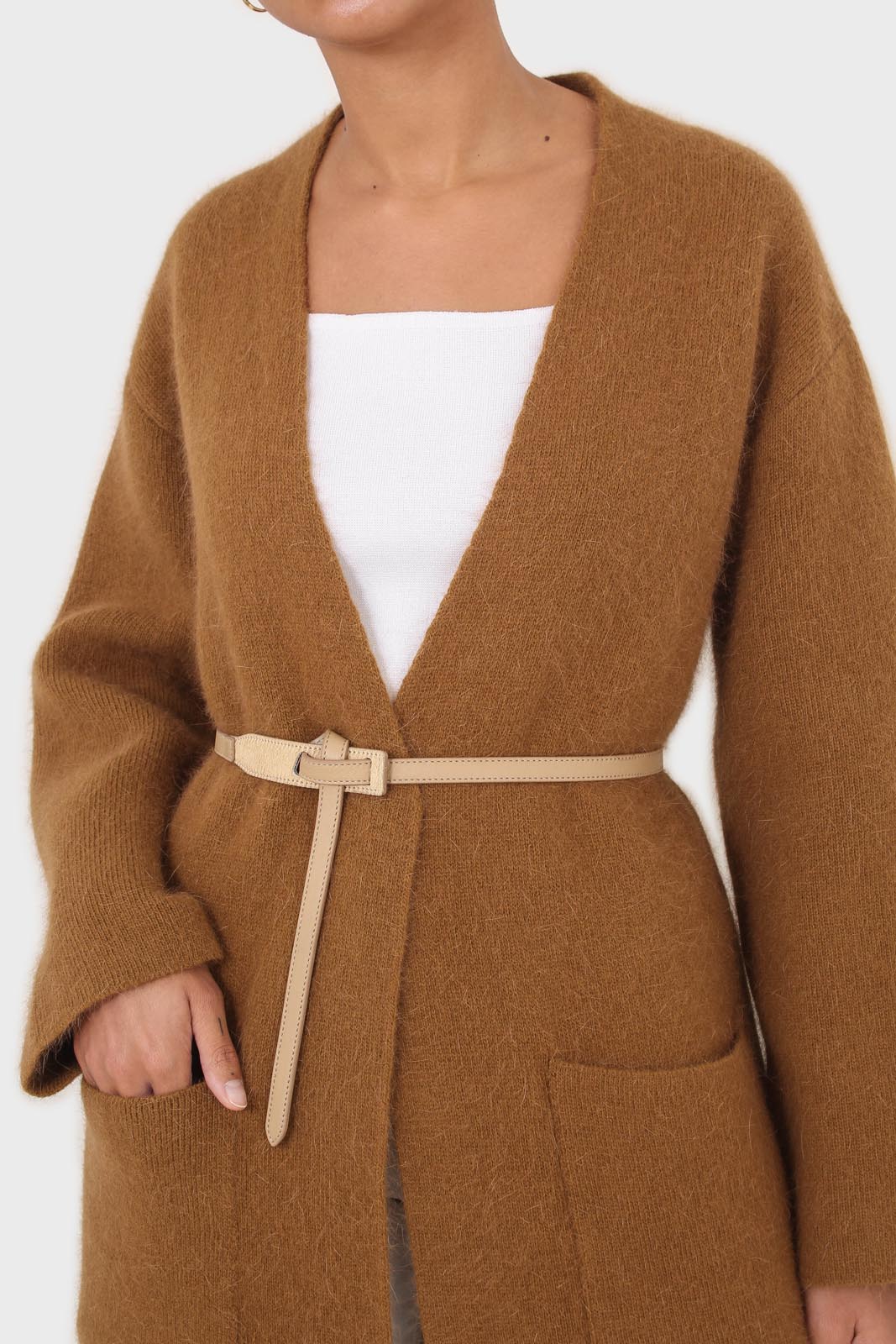 Beige genuine leather thin knot waist belt_2