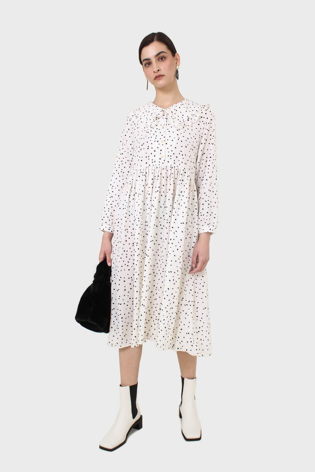 Ivory and black polka dot decorative collar dress_1